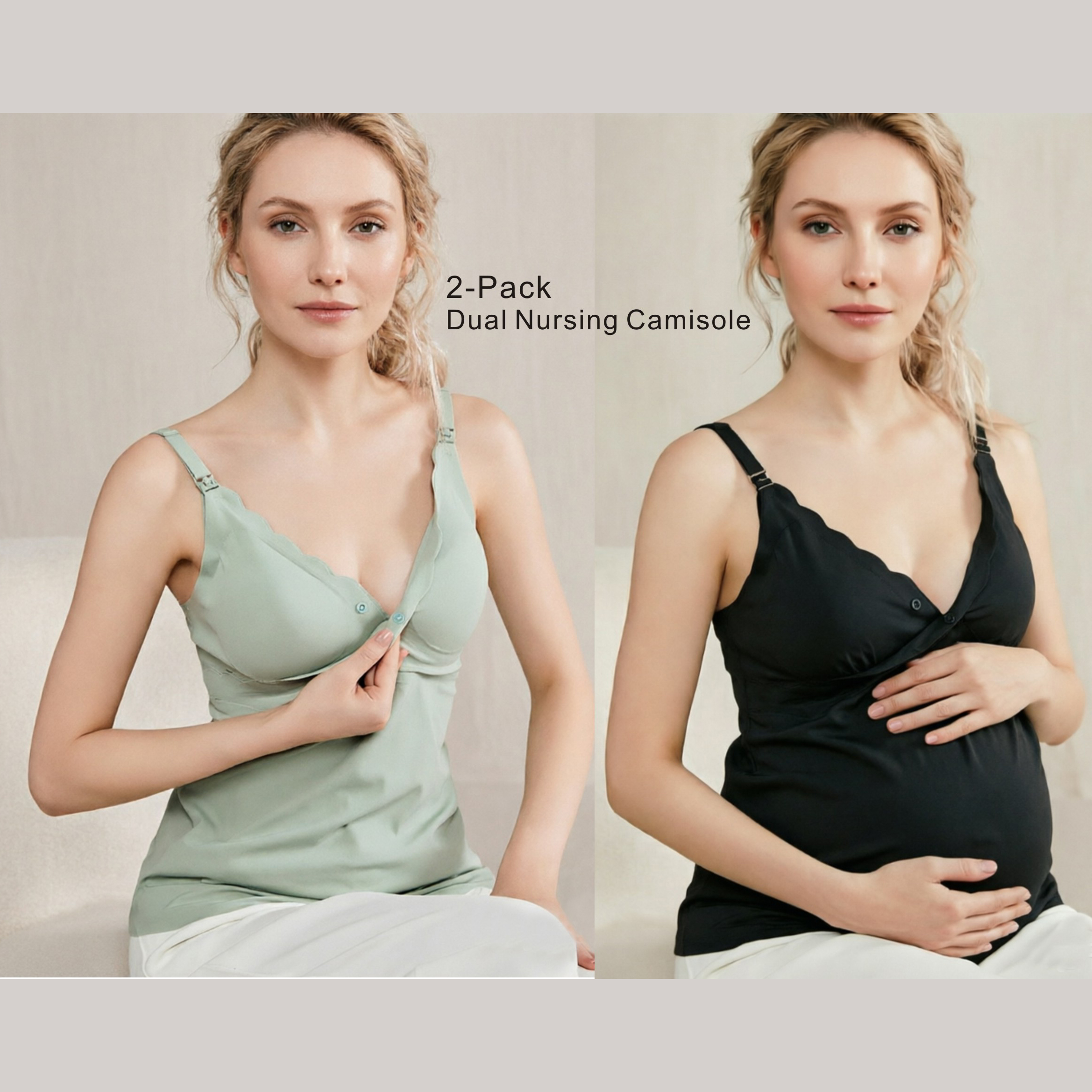 Nursing Bra Sleep - ソフトシルキーマタニティ授乳キャミソール2枚組、ワイヤレス内蔵ブラ（取り外し可能なパッド付き）、妊娠中・産後・毎日の睡眠用タンク
