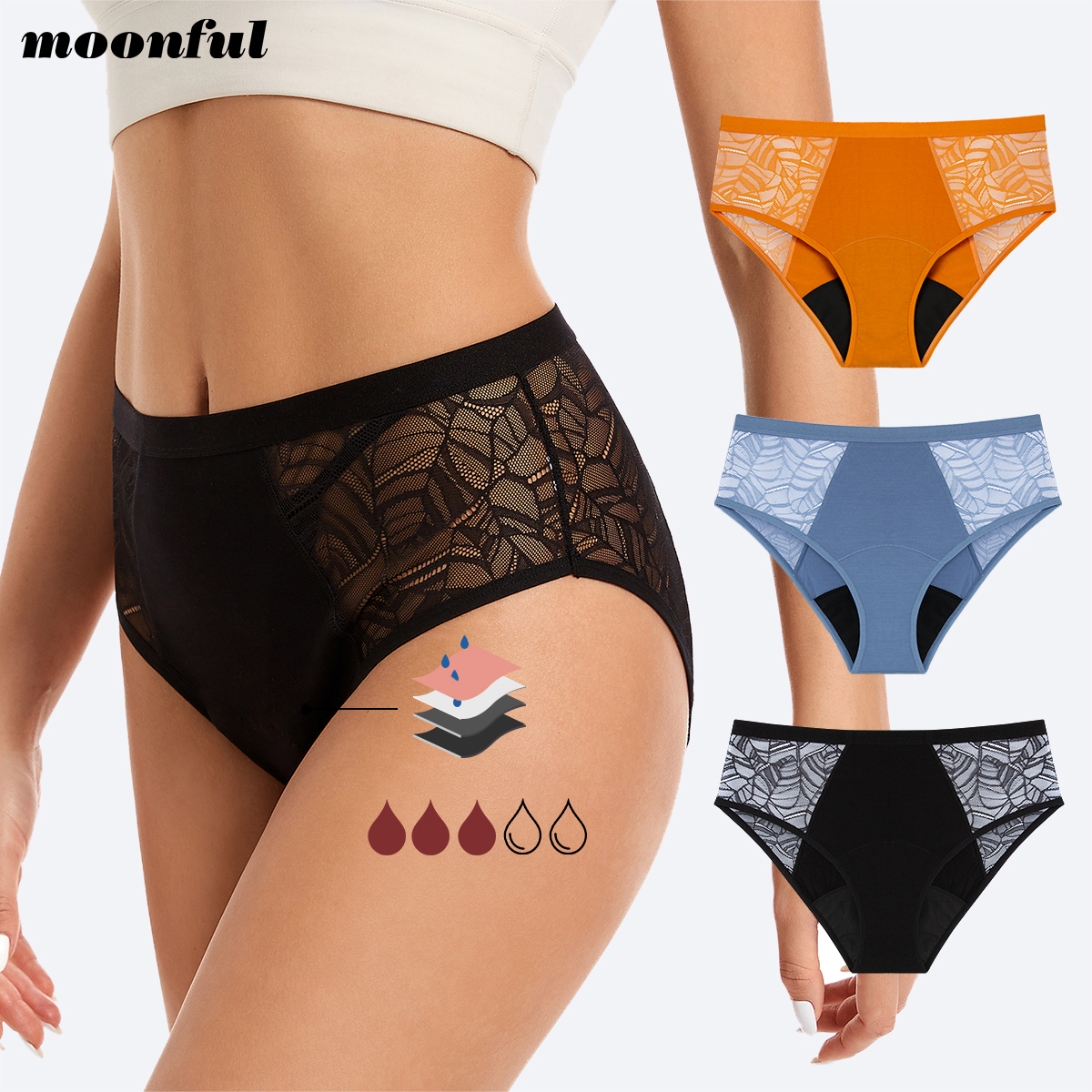 Period Panty Absorbent - Moonful 女性の月経パンティーハイウエスト漏れ防止 4 層通気性レース期間下着女の子吸収性ブリーフ