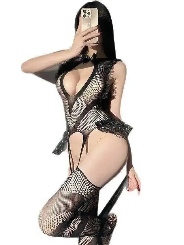 Bodystocking Fishnet - セクシーなレーストリムフィッシュネットボディストッキング網タイツ裸背露出尻女性ボディスーツ純粋な欲望魅力的な 8JAS