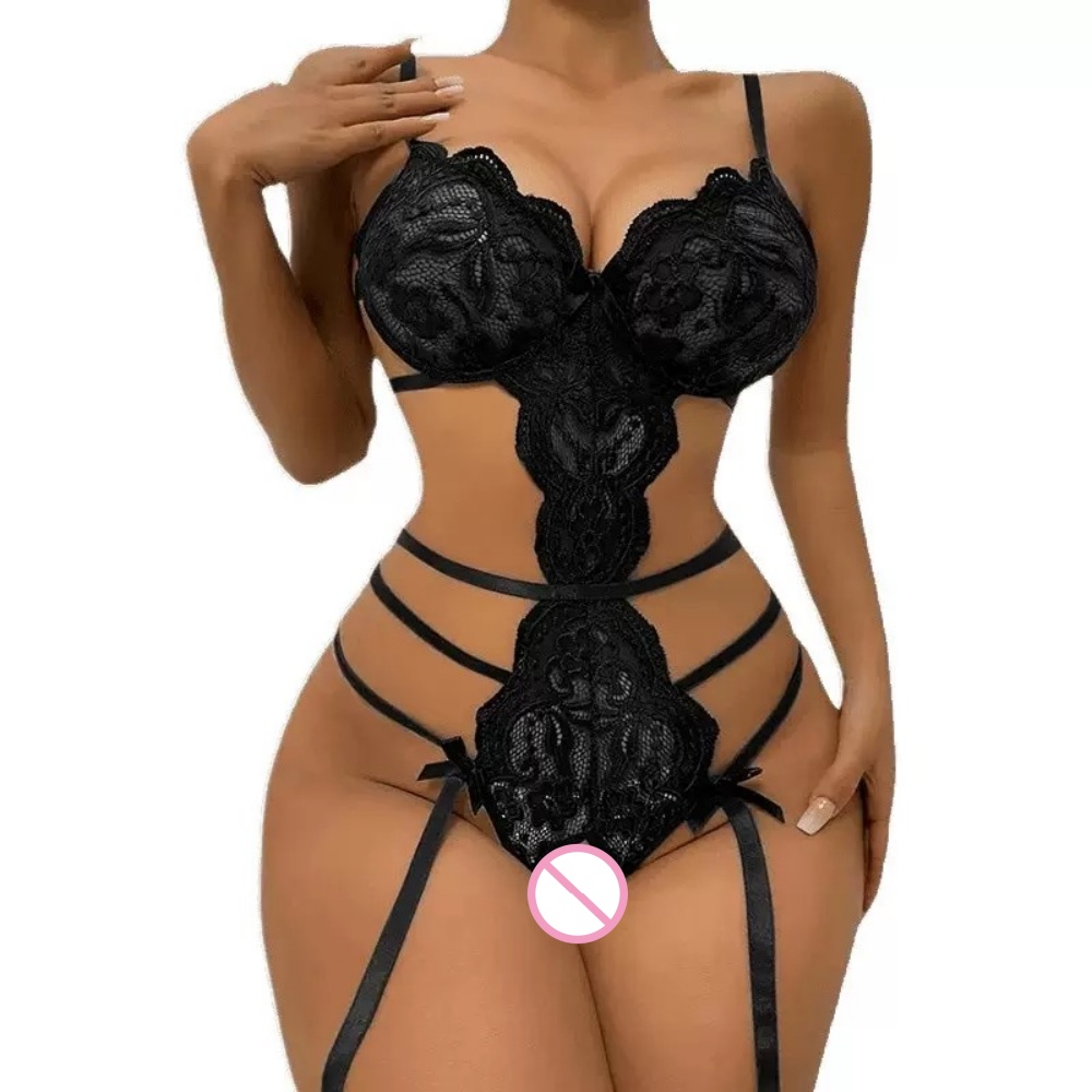 Lace Teddy Lingerie - セクシーなレースのオープンクロッチテディボディスーツ、ガーターストラップとリボンのディテール付き | 女性のためのエロティックで官能的なランジェリー