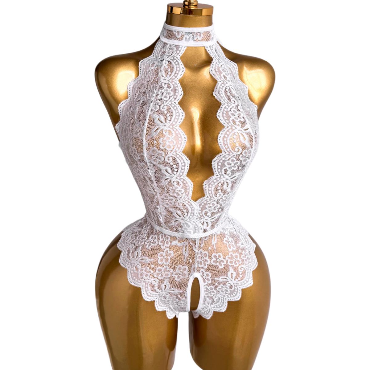 Lace Teddy Lingerie - ホワイトホルターネック花柄レーステディランジェリー女性用ディープVシアーオープンクロッチボディスーツバックレスインナーナイトウェアバレンタイン用