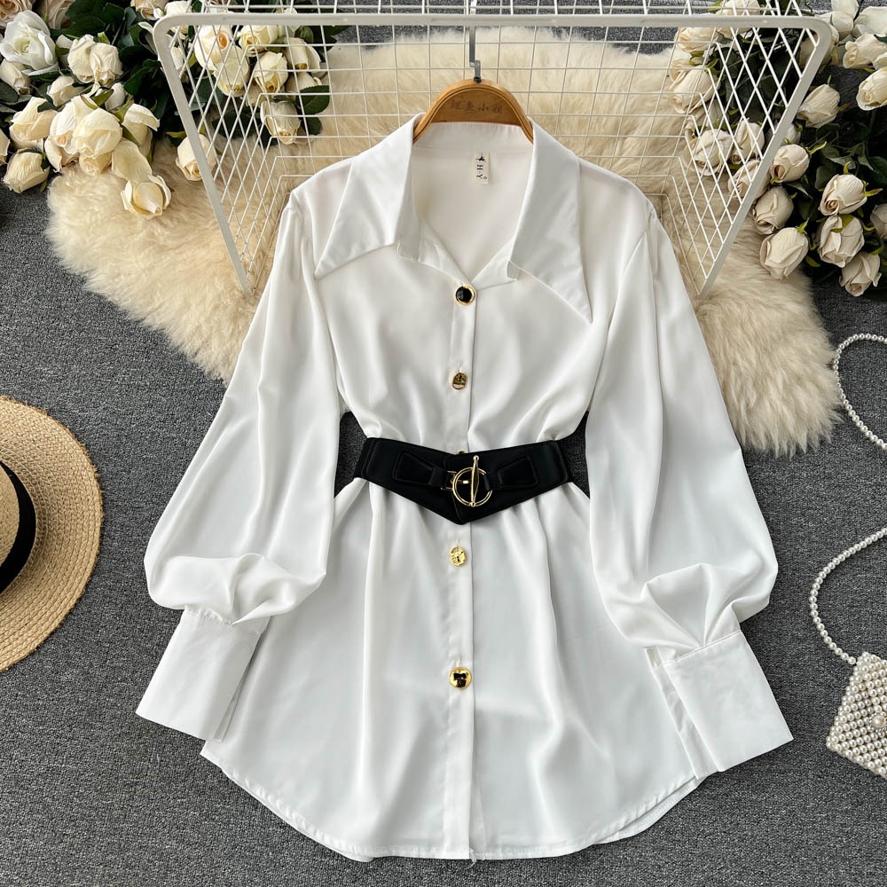 Corset Waist Cinch - エレガントな長袖ホワイトシャツワンピース レディース ユニークなウエストシェイプベルト付きスカート 韓国風通勤ファッション 通気性のあるポリエステル繊維