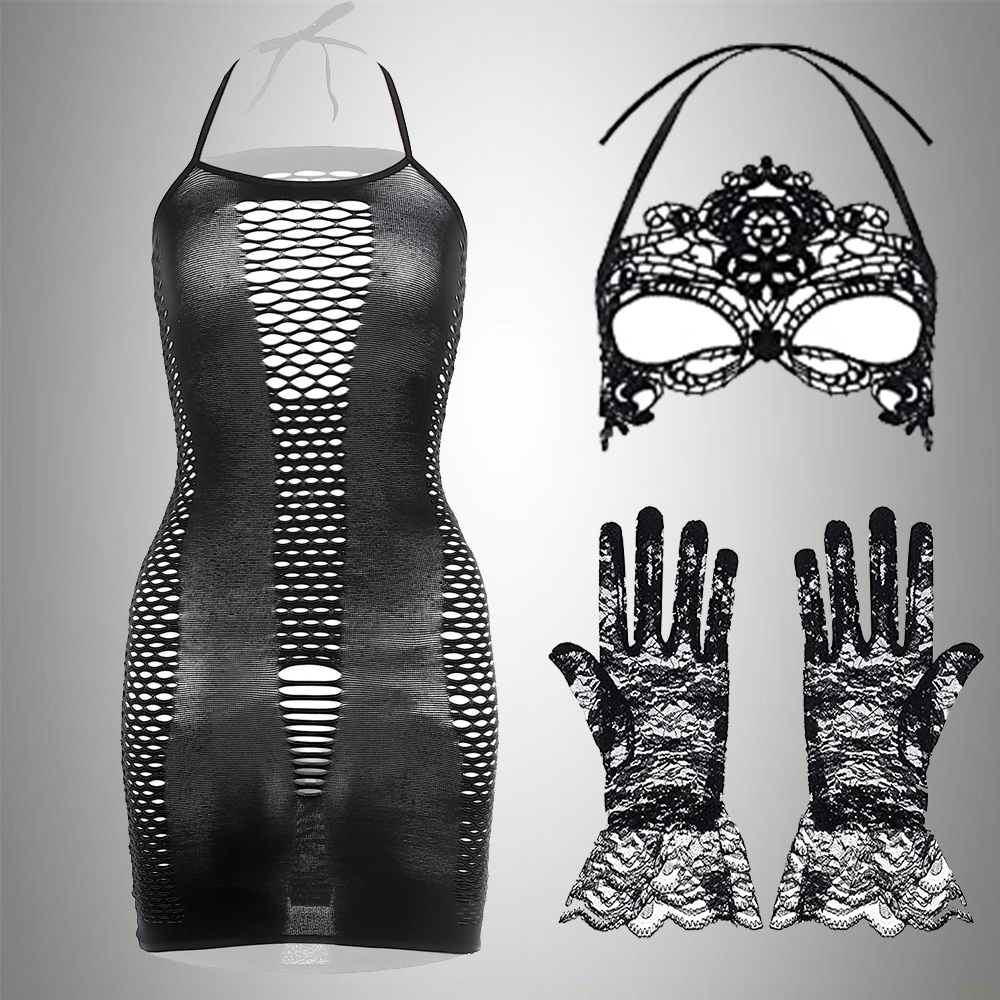 Bodystocking Fishnet - 3 in 1セット,エキゾチックなドレス,メッシュジャカード手袋,マスクボールマスク,女性の下着,網タイツ