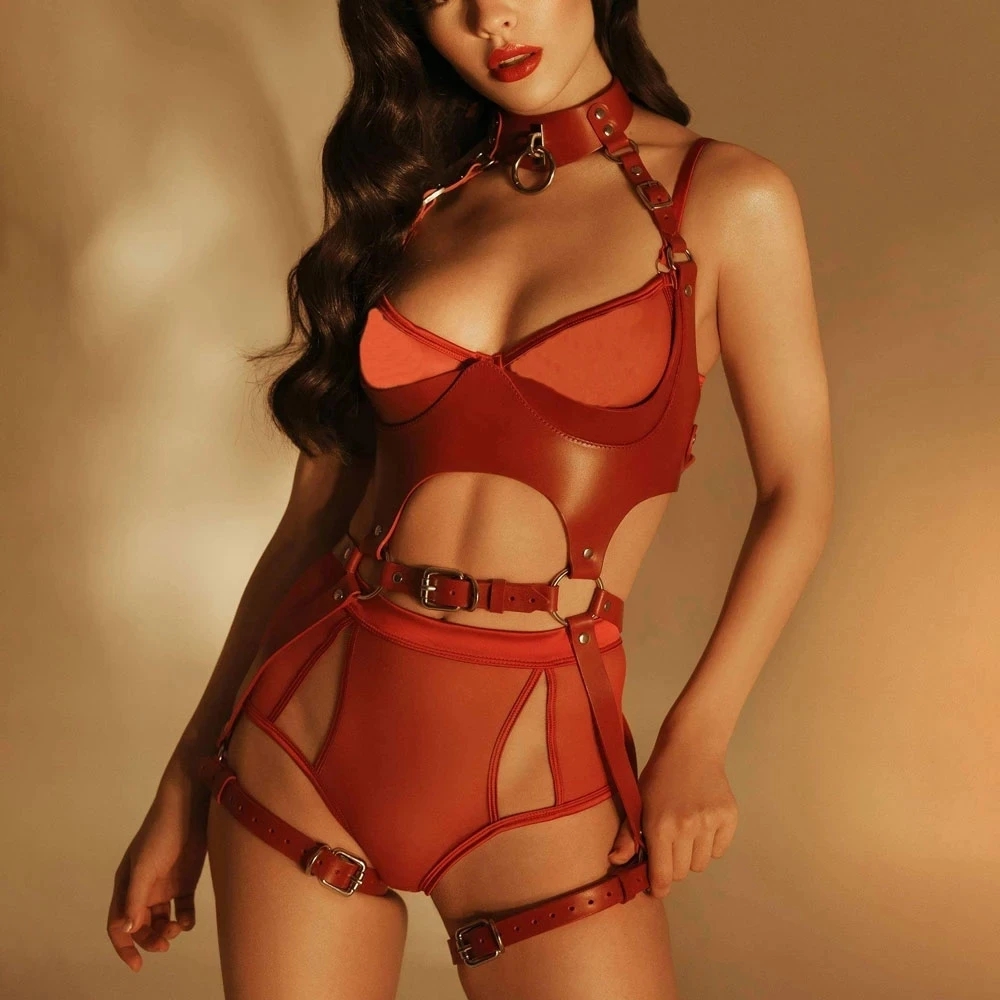 Garter Belt Set - 女性ファッションハーネスウエストベルトセット PU レザーハーネスウエストベルトボディハーネス脚ガーターベルトゴス服アクセサリー