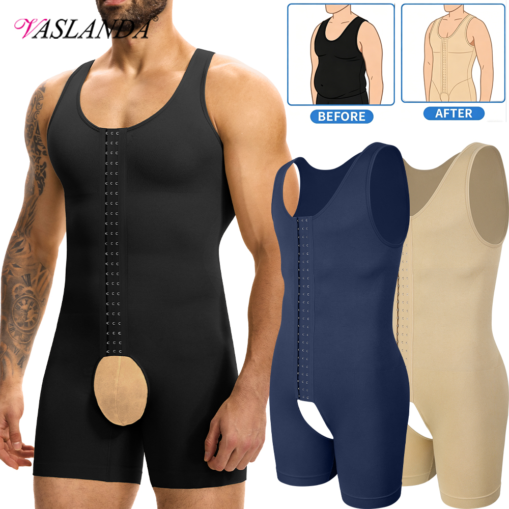 Shapewear Bodysuit Firm - メンズコンプレッションシェイプウェア、お腹引き締めフルボディシェイパー、術後回復用オープンクロッチ付きスリミングボディスーツ