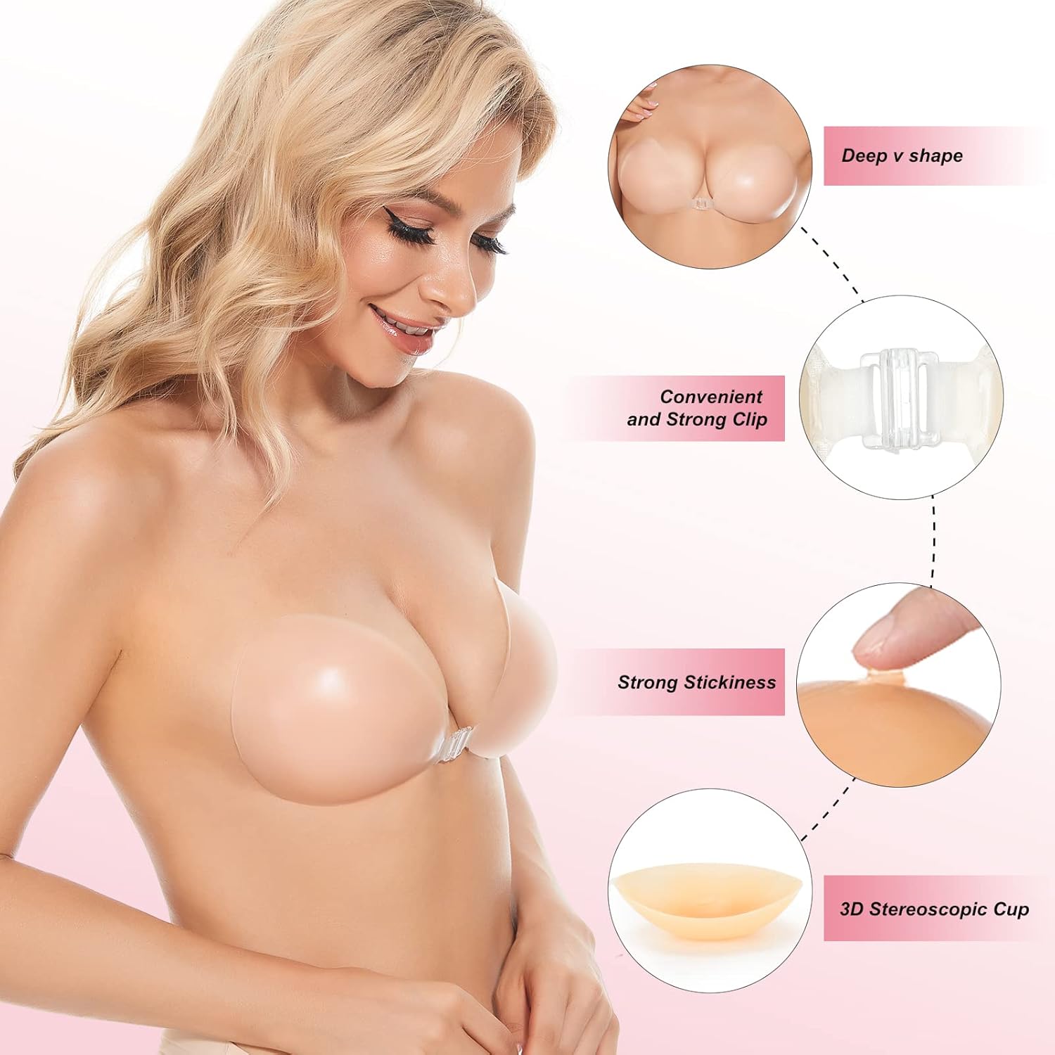 Silicone Bra Adhesive - 粘着ブラ プッシュアップ 粘着式ブラジャー シリコン製ストラップレスブラ 女性用 ニップルカバー付き