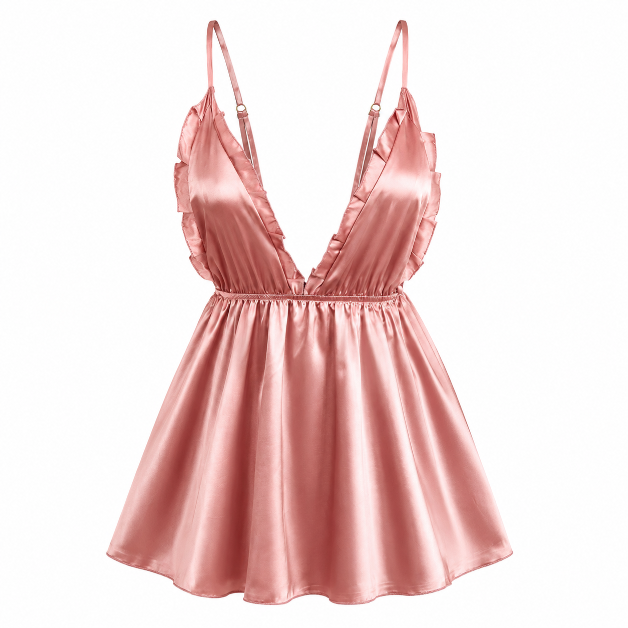 Babydoll Chemise Night - サテンベビードールナイトガウン（女性用）、ピンクのフリル付きディープVネックシュミーズドレス（ブライダルデートナイト用）