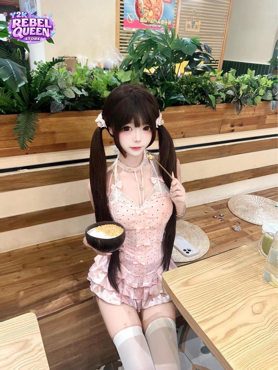 Cami Top Lace - 甘い純粋な欲望のコケット2ピースセット レディース レースボウ スパゲッティストラップ キャミトップ ラッフルミニスカート