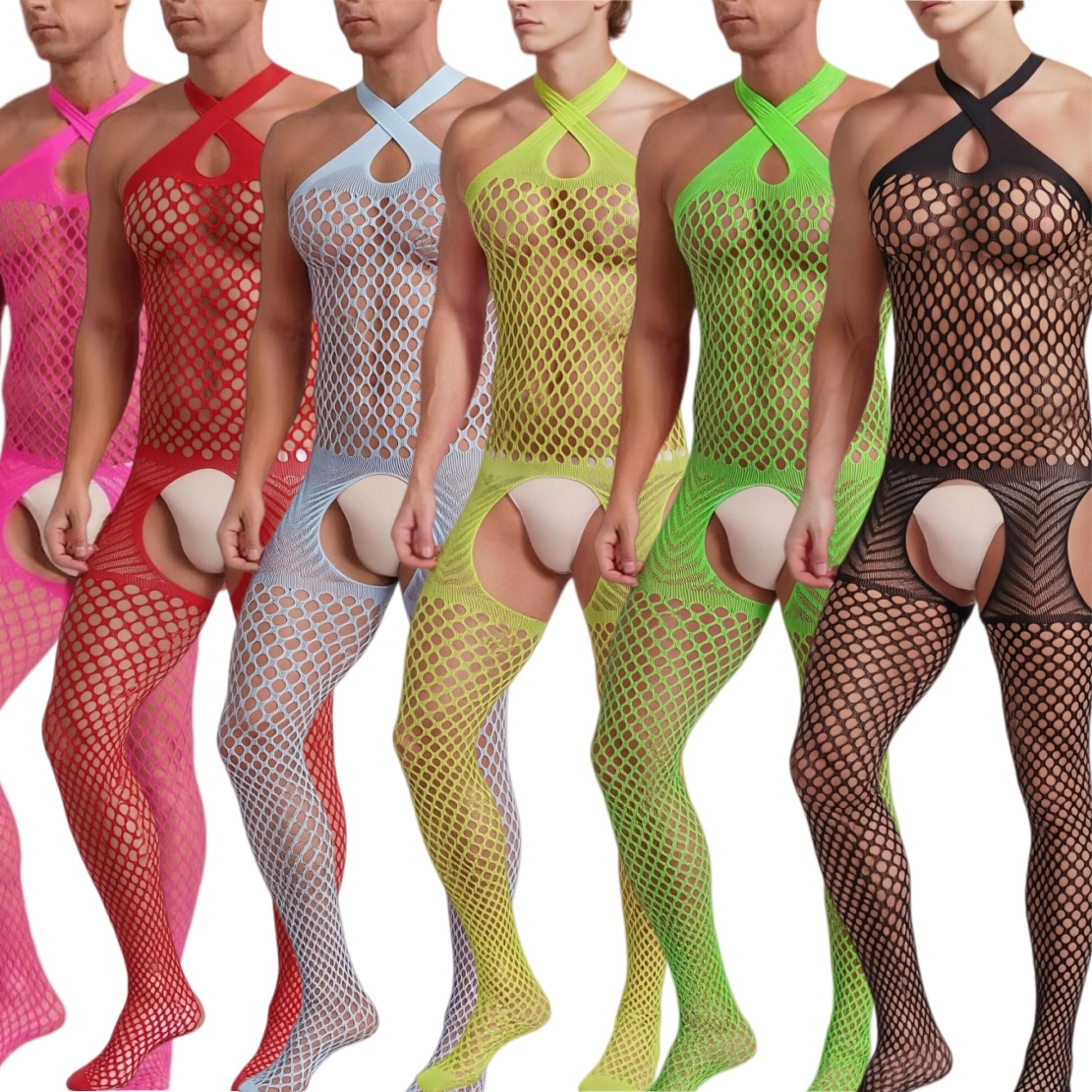 Bodystocking Fishnet - メンズメッシュボディスーツスリープウェアノースリーブシースルーフィッシュネットワンピースパジャマオープンクロッチボディストッキングナイトウェアクラブランジェリー