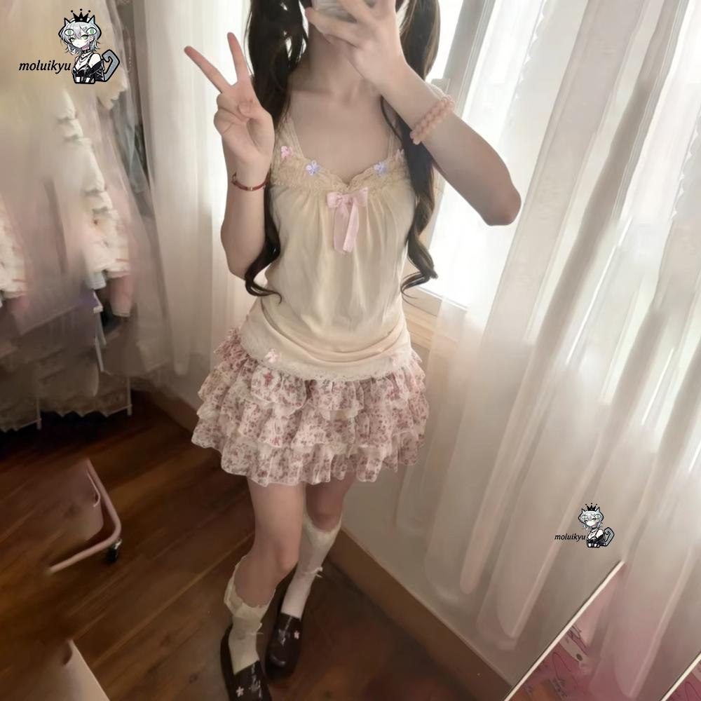 Cami Top Lace - 女性 Y2K 2 ピース衣装セット レースボウキャミトップ +