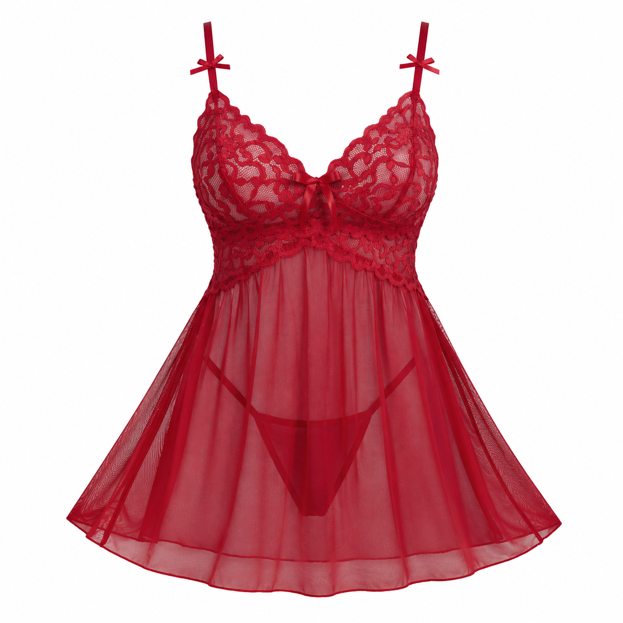Babydoll Chemise Night - 女性用レースベビードールランジェリー、赤いシアーメッシュのシュミーズナイトドレス、調節可能なストラップ付き、ブライダルデートナイトに最適