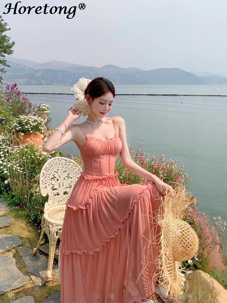 Corset Waist Cinch - レディースサマーソリッドキャミマキシワンピース バケーションラッフルティアードメッシュコルセットウエストシンチードドレス フローイーAラインビーチロングドレス