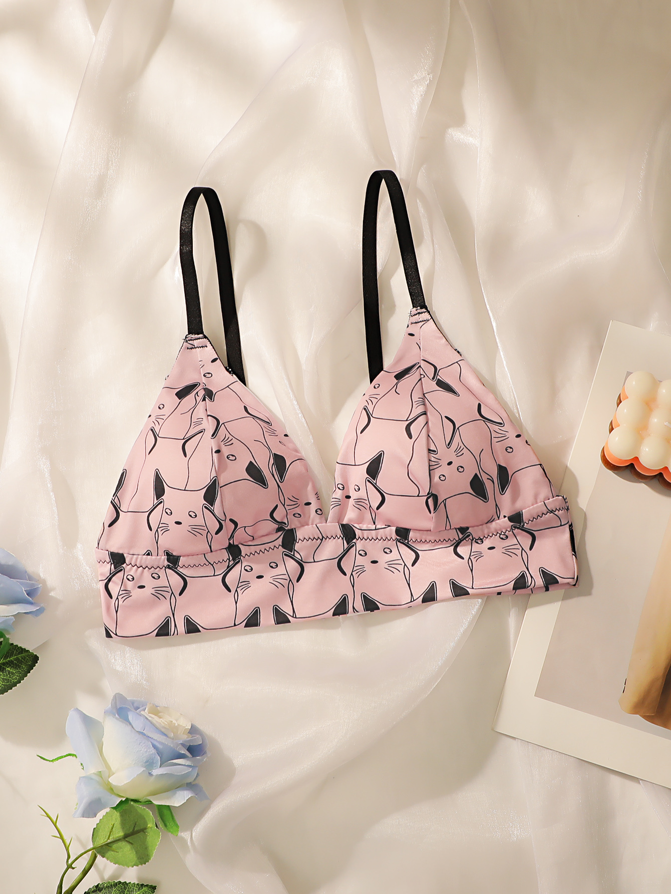 Bralette Wireless Soft - かわいい猫プリント三角ブラレット女性ワイヤレス薄型カップブラジャーかわいいピンクソフト通気性デイリーランジェリー十代の女の子のための MR2844