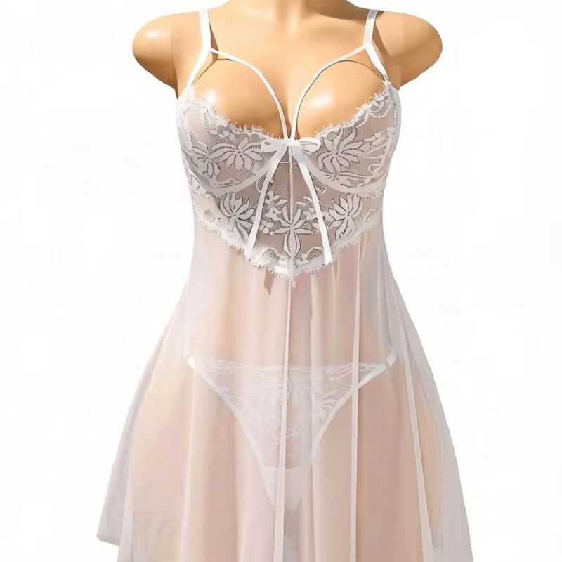 Babydoll Chemise Night - 女性用ホワイトレースベビードールランジェリードレス、シアーメッシュナイトガウン、ボウVネック、スパゲッティストラップ、セクシーなシュミーズナイトドレス