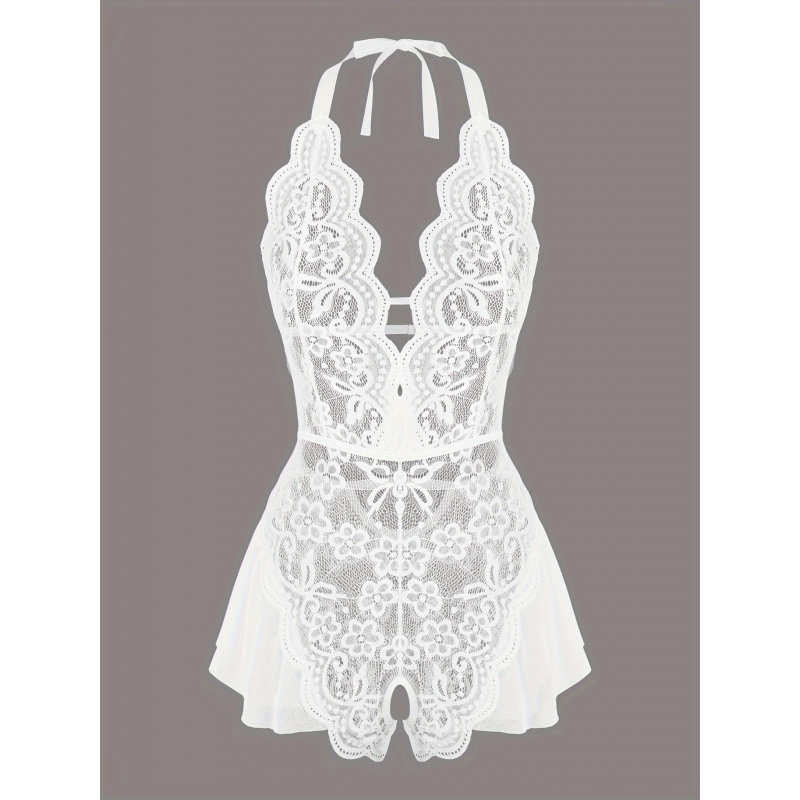 Lace Teddy Lingerie - 魅力的なレースメッシュテディ、スカラップトリムディープVオープンクロッチホルターボディスーツ、女性用セクシーランジェリー＆下着