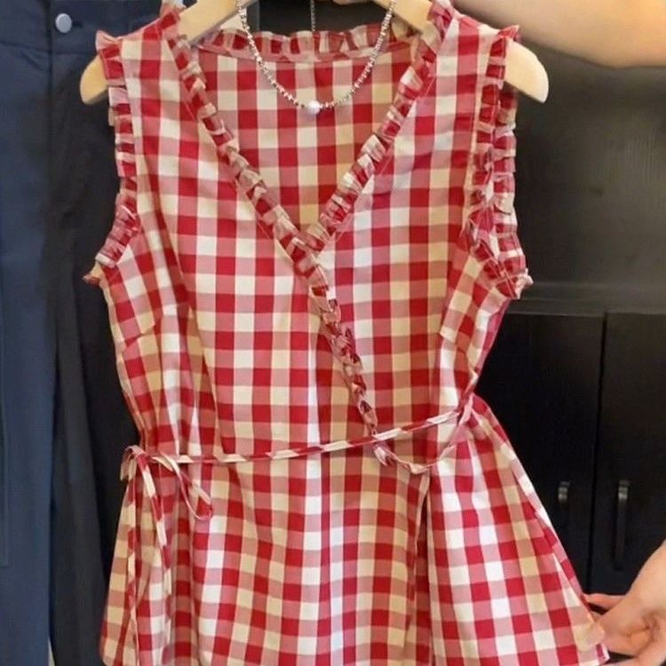 Corset Waist Cinch - レトロな赤いチェック柄ノースリーブベスト女性の夏ウエストシンチング木目調エッジエレガントベルト付きノースリーブトップ韓国スタイル