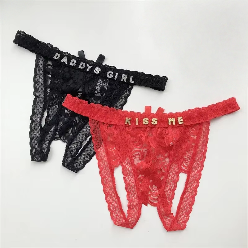 Thong Bikini Women - 通気性のあるレースの下着,女性のためのセクシーなパンティー,パーソナライズされたクリスタルの名前,ローウエスト,開いた,エロティックなビキニ,ひもパンティー