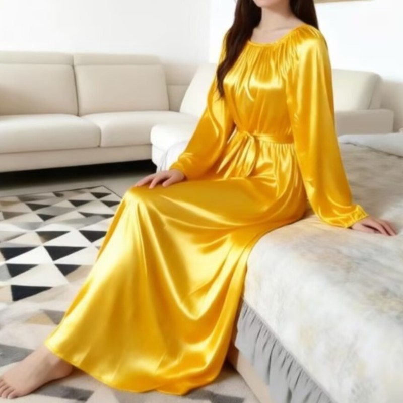 Robe Silk Women - 光沢のあるアイスシルクナイトローブ（ベルト付き）ユニセックスサテンロングドレスルーズマキシドレスプルオーバーエレガントドレス寝間着ソフトシルキードレス