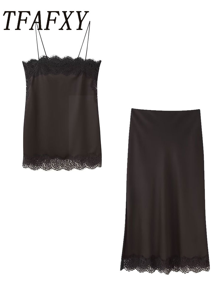 Cami Top Lace - TFAFXY ヴィンテージカジュアル女性ブラウンソリッドレーススーツキャミショートトップルーズロングストレートスカート新ファッション 2025 ホリデーセット