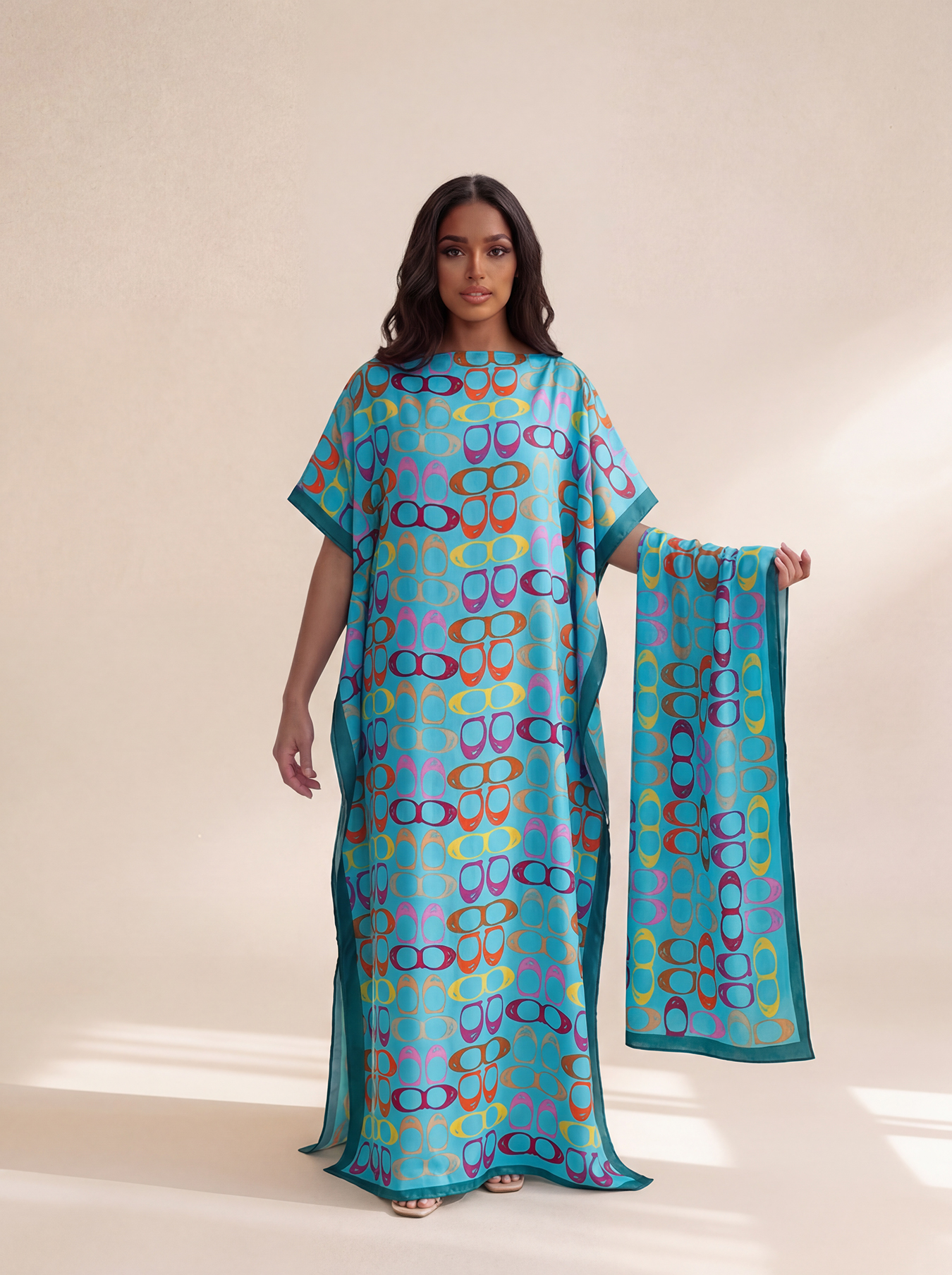 Robe Silk Women - 新スタイル ロング丈 ゆったり シルク混 ビーチカバーアップドレス 中東柄プリント