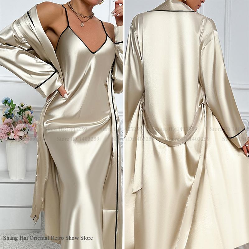 Robe Silk Women - セクシーなロングツインセットローブセットシュミーズネグリジェ女性ナイトウェア夏のシルクサテンホームドレスパジャマルーズラウンジウェアランジェリー