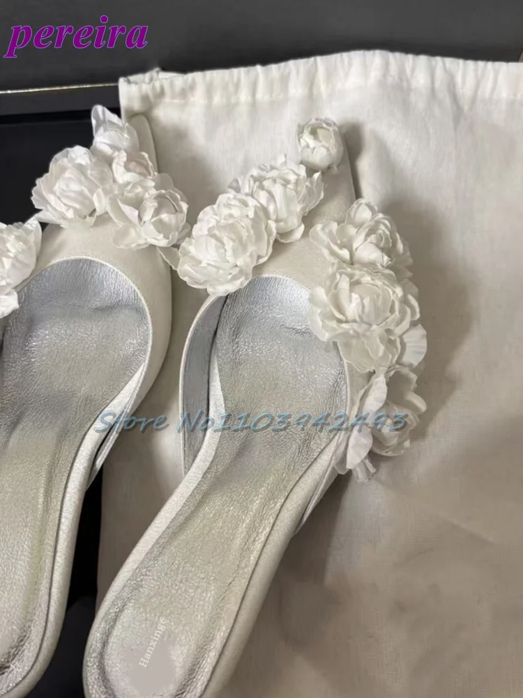 Slip Dress Satin - マルチフラワーウェディングサンダルサテンポインテッドトゥホワイトプルオンハイヒールソリッドスリップオンブロッサム浅いアウトドアドレスパーティーミュール
