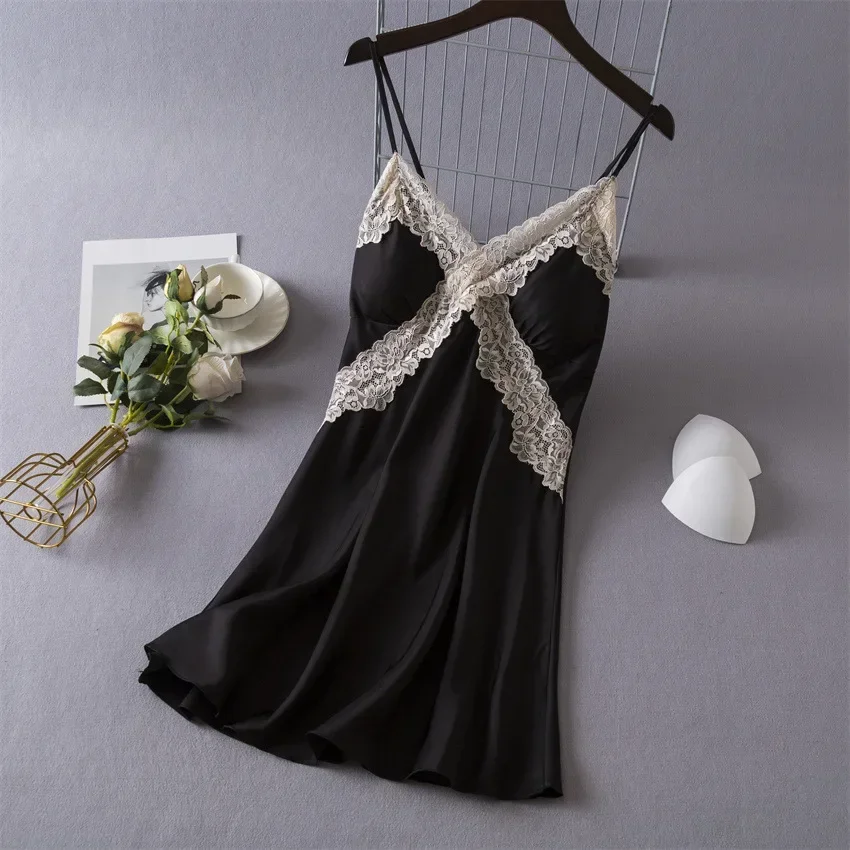 Babydoll Chemise Night - 女性のセクシーなランジェリーサテンナイトガウンシルクシュミーズ V ネックネグリジェパジャマレースベビードールスリープシャツナイトドレス
