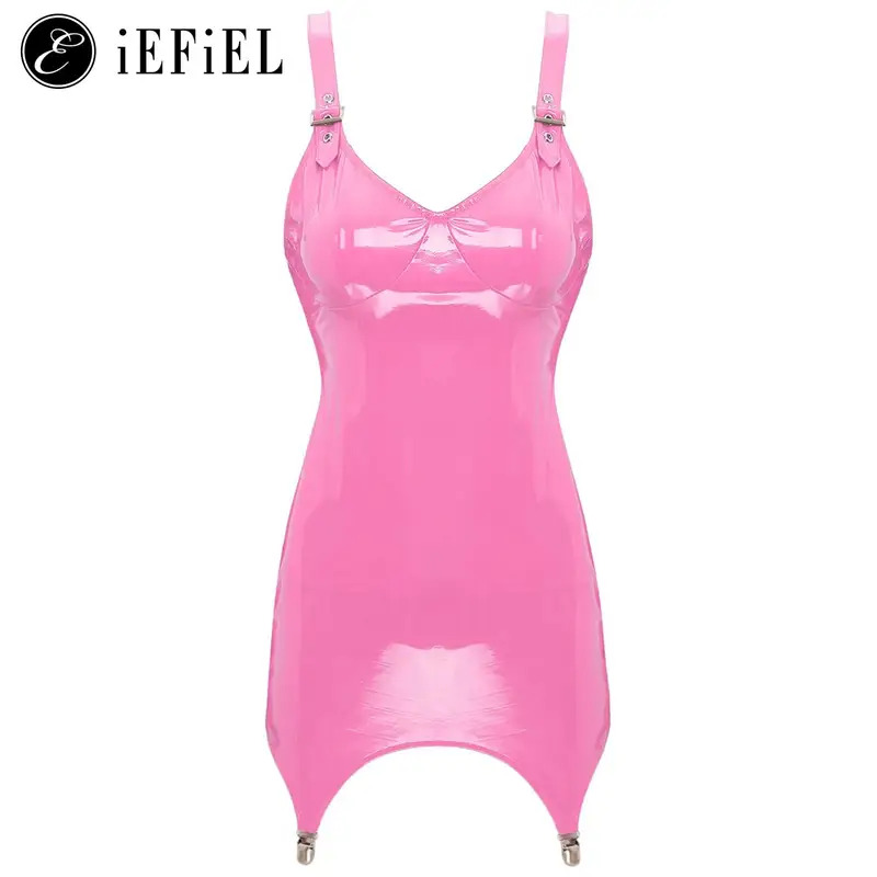 Babydoll Chemise Night - レディースシャイニーメタリック PVC レザー V ネックミニドレスシュミーズウェットルックナイトクラブボディコンベビードールクラブウェアガーターベルト付き