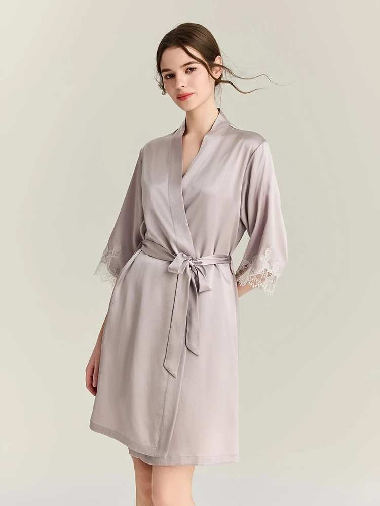 Robe Silk Women - 22MM 100%桑絹ローブガウンセット レーストリム セクシーキモノローブ ナイトドレススーツ Vネックバスローブ