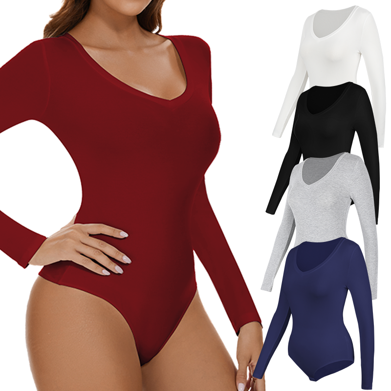 Shapewear Bodysuit Firm - 女性用Vネックボディスーツ,セクシーなボディシェイパー,スリミングジャンプスーツ,長袖,サーマルアンダーウェア,シームレス,通気性のあるベースレイヤー,冬
