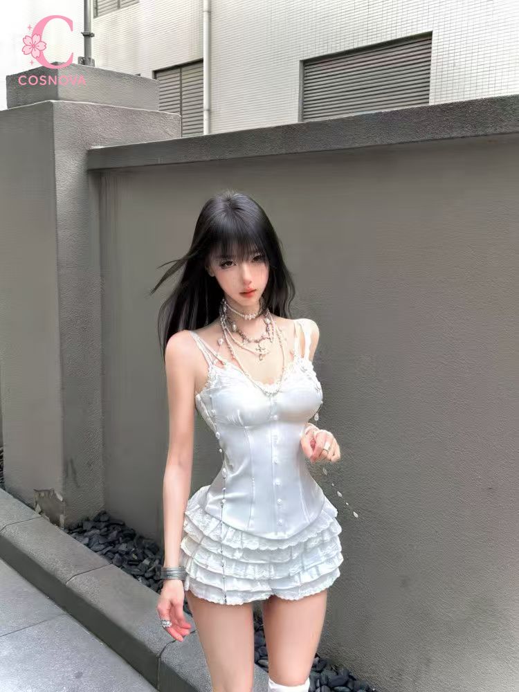 Cami Top Lace - コケットレースコルセット2ピースセット レディース スリムフィットストラップキャミトップ ハイウエストフリルミニスカート セクシーサマーパーティー クラブウェア衣装