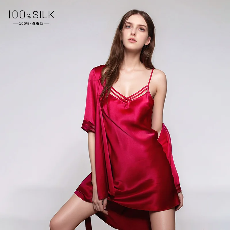 Robe Silk Women - 19MM 100%桑蚕糸シルクローブガウン着物2点セットセクシーパジャマレースアップレディースバスローブスリングナイトドレスランジェリーパジャマ