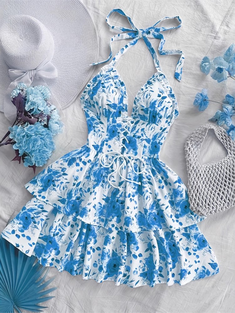 Cami Top Lace - レディースバケーションスタイルレトロショートドレスファッション水彩ローズプリントホルターレースアップラッフル装飾ドレス2025セクシーワンピース