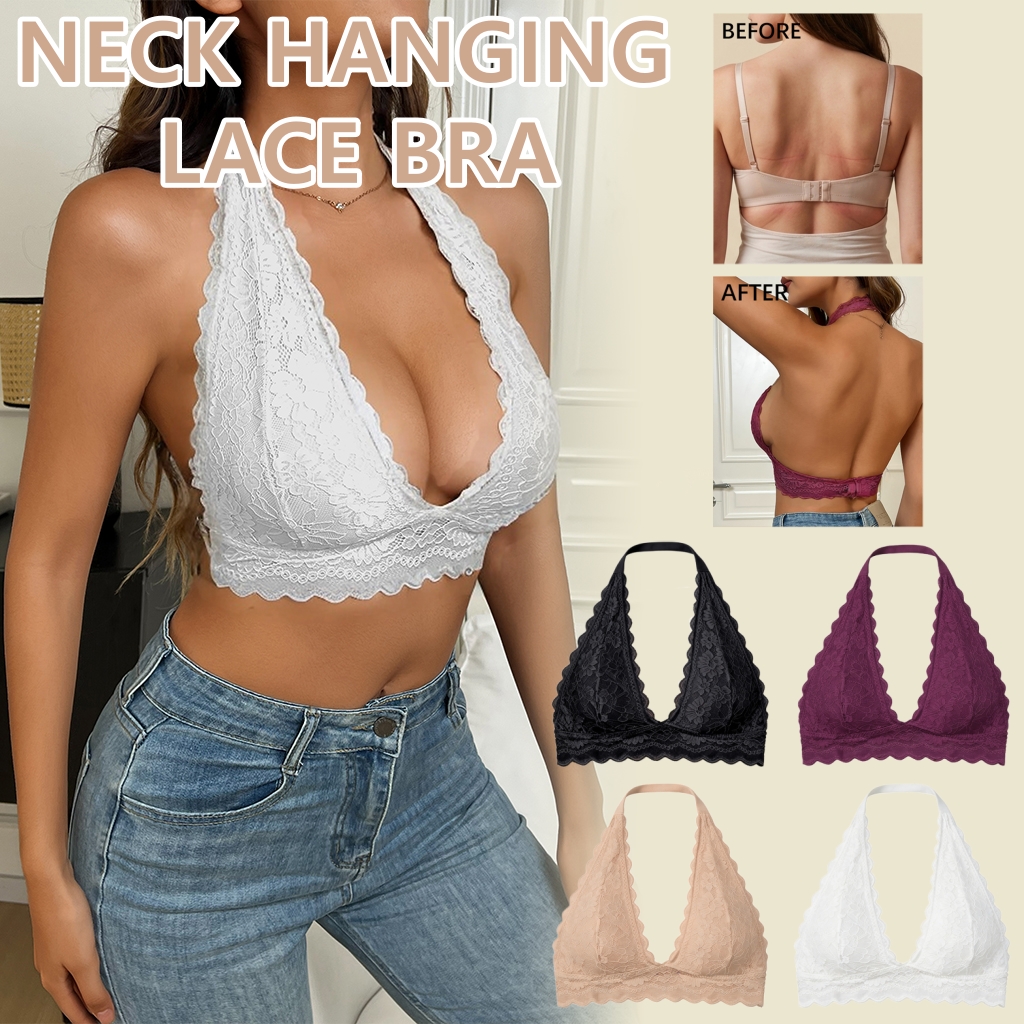Bralette Wireless Soft - ホルターネックレースブラレット レディース 花柄スカラップエッジ セクシー ボヘミアン クロップトップ