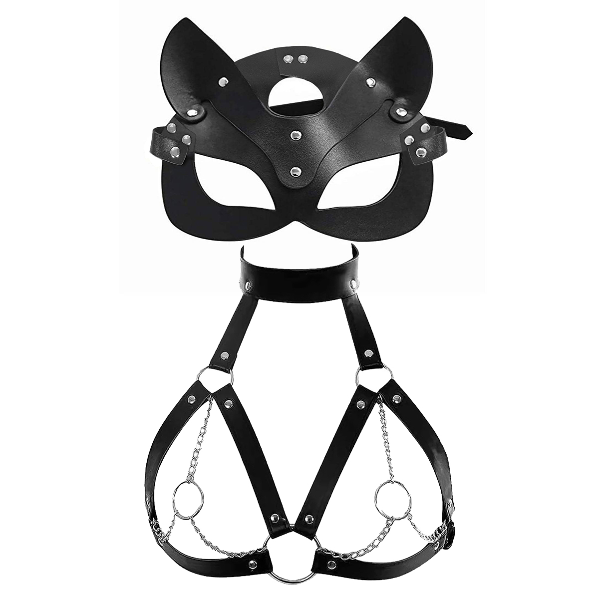 Garter Belt Set - 女性セクシーなマスク目隠しコスプレ PU レザー調節可能なマスク仮面舞踏会ファンシーマスクハロウィンパーティーマスクアクセサリー