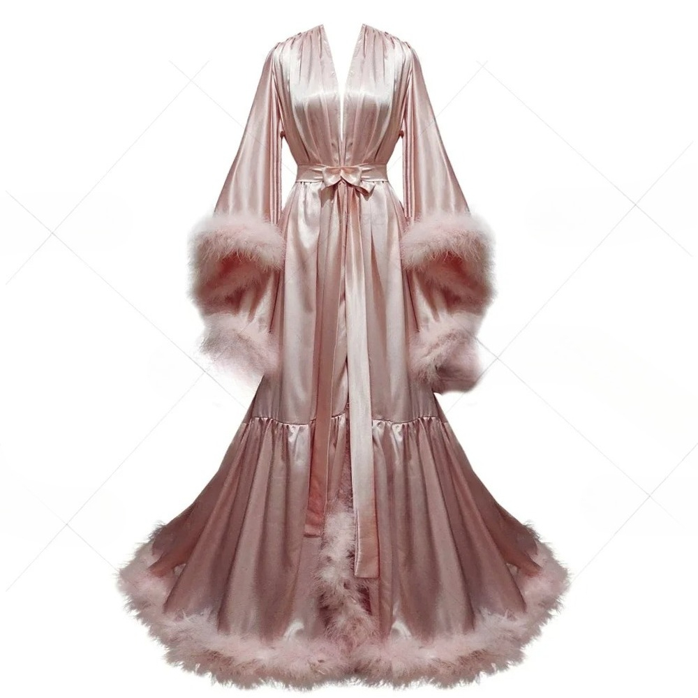 Robe Silk Women - 女性用カスタマイズバスローブ、フレアスリーブ、フェザーブライダルローブ、ナイトガウン、シルクロングウェディングスカーフドレス、ガウン、写真撮影用ドレス