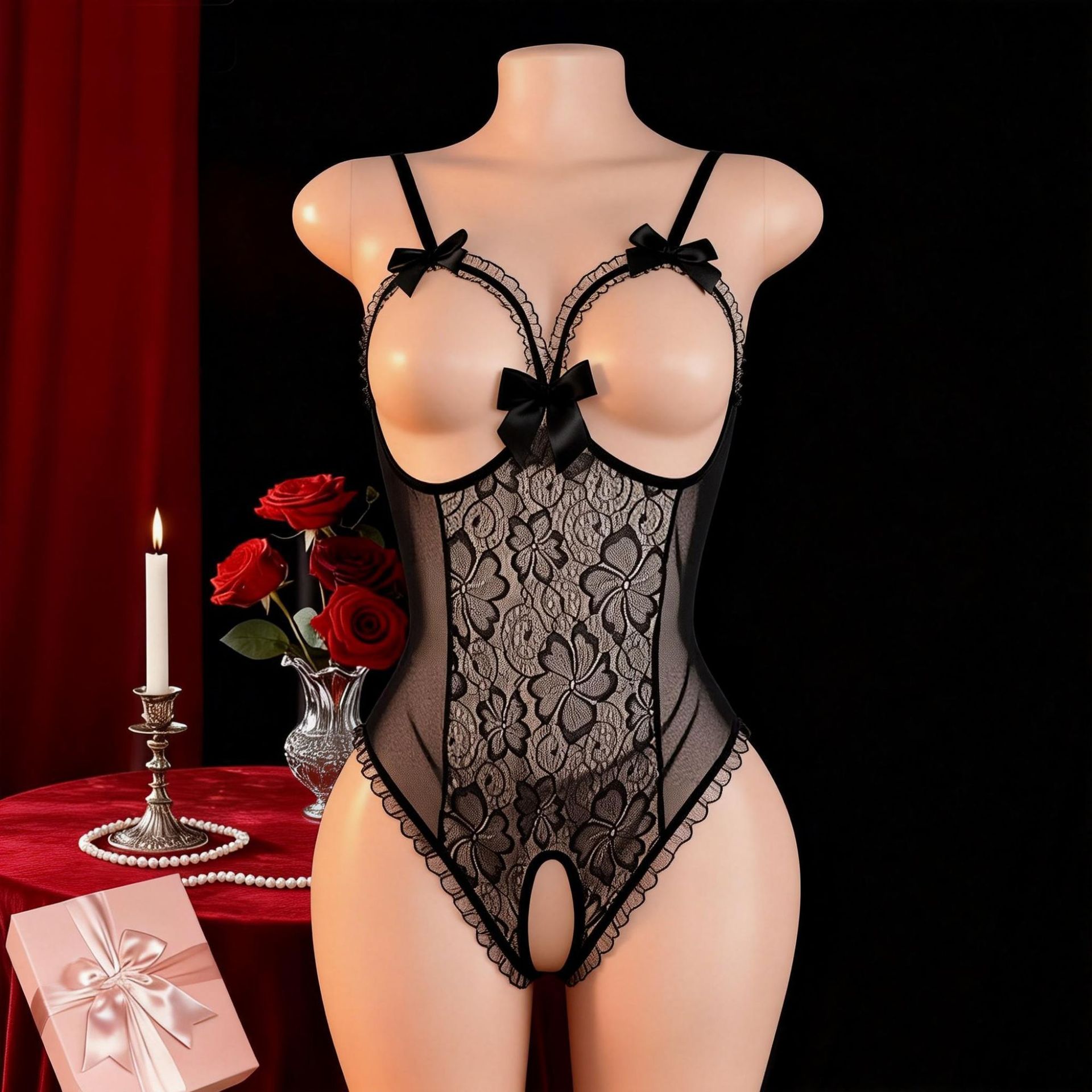 女性用セクシーオープンブラストラップランジェリーレースナイト - Babydoll Chemise Night のレビューと価格