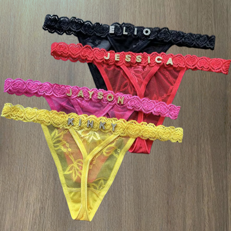 パーソナライズされたレースのひもパンティー,クリスタルの文字 - Thong Bikini Women のレビューと価格
