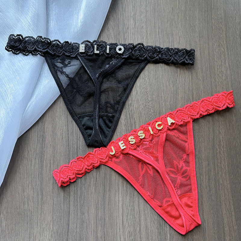 パーソナライズされたレースのひもパンティー,クリスタルの文字 - Thong Bikini Women のレビューと価格