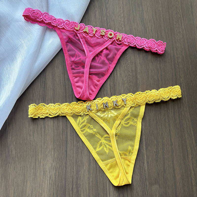 パーソナライズされたレースのひもパンティー,クリスタルの文字 - Thong Bikini Women のレビューと価格