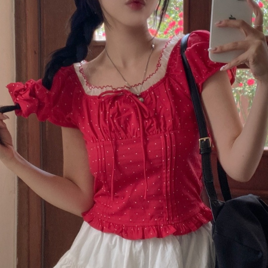 夏らしい甘いバブルスリーブ、水玉模様のベルト付きレディースレ - Corset Waist Cinch のレビューと価格