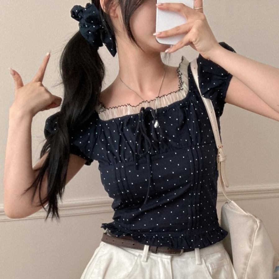 夏らしい甘いバブルスリーブ、水玉模様のベルト付きレディースレ - Corset Waist Cinch のレビューと価格