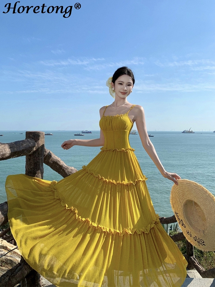 レディースサマーソリッドキャミマキシワンピース　バケーション - Corset Waist Cinch のレビューと価格