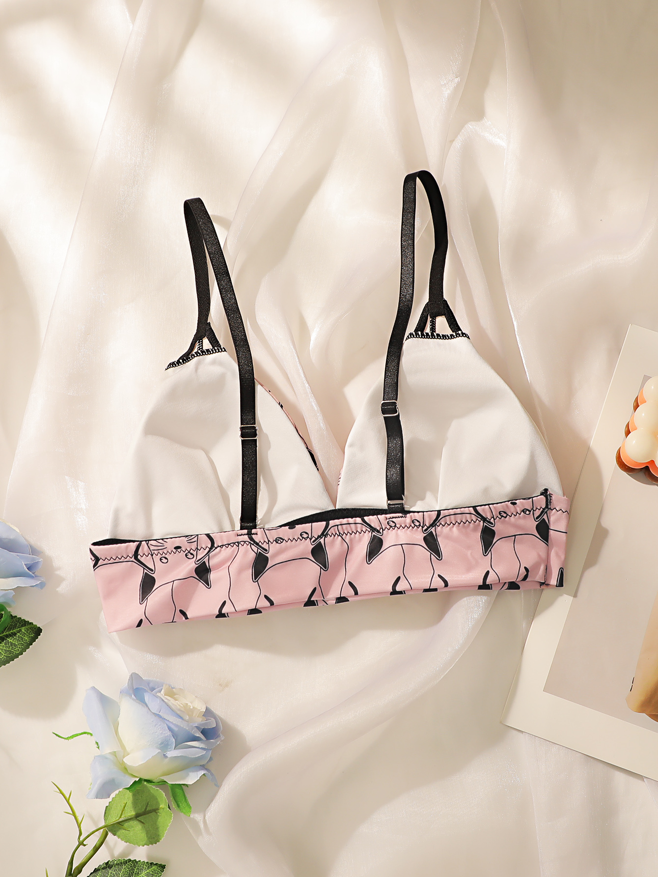 かわいい猫プリント三角ブラレット女性ワイヤレス薄型カップブラ - Bralette Wireless Soft のレビューと価格