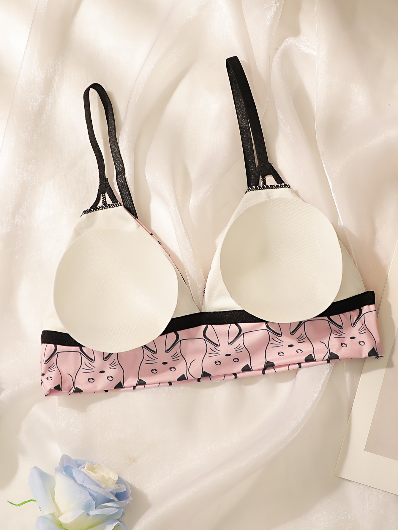 かわいい猫プリント三角ブラレット女性ワイヤレス薄型カップブラ - Bralette Wireless Soft のレビューと価格