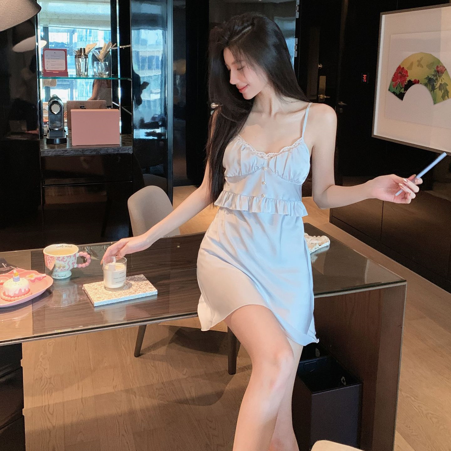女性用フリルアップリケツインセットローブセット エレガントな - Robe Silk Women のレビューと価格