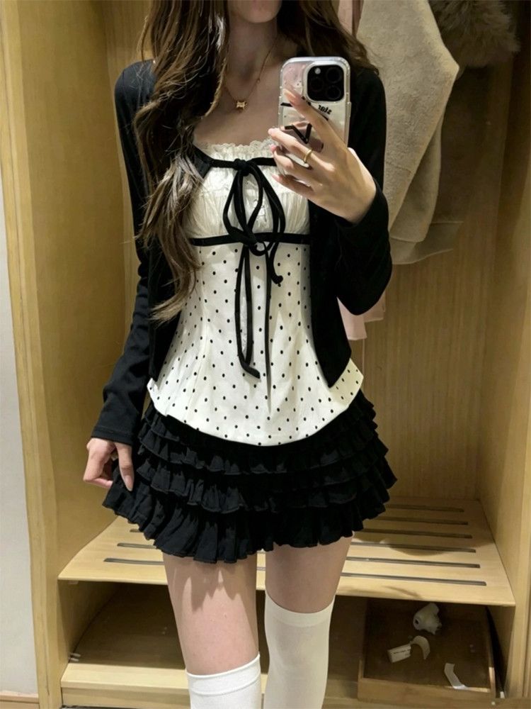 韓国ファッション 水玉模様 レース 蝶結び 3点セット レデ - Cami Top Lace のレビューと価格
