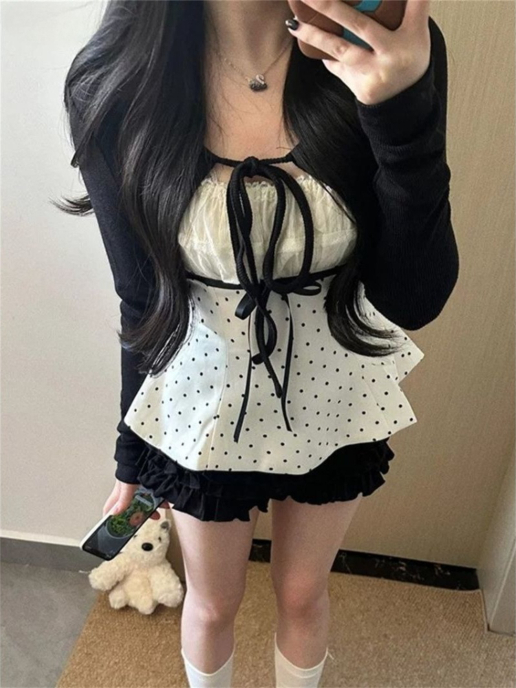 韓国ファッション 水玉模様 レース 蝶結び 3点セット レデ - Cami Top Lace のレビューと価格