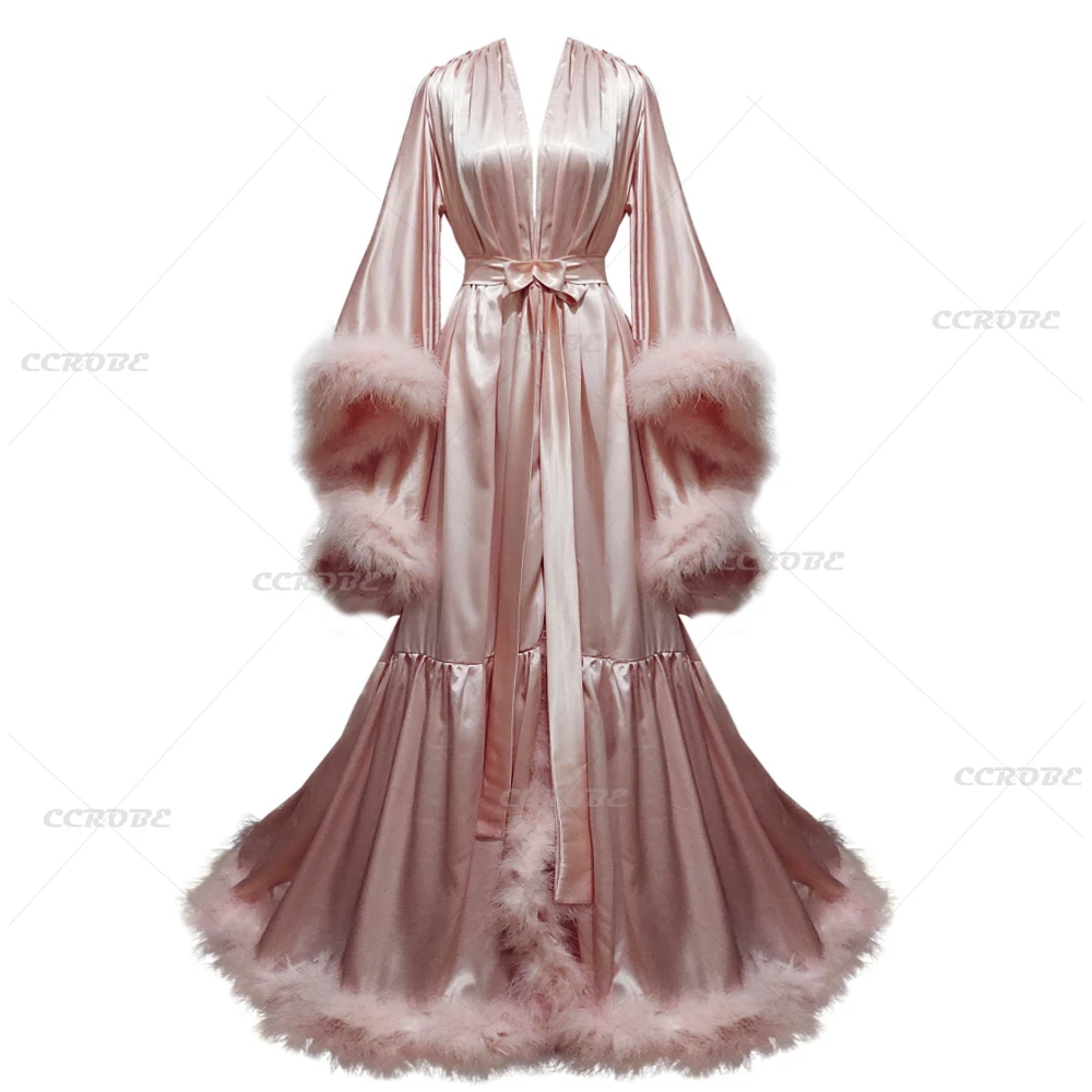 女性用にカスタマイズされたフェザーバスローブ,フレアスリーブ - Robe Silk Women のレビューと価格