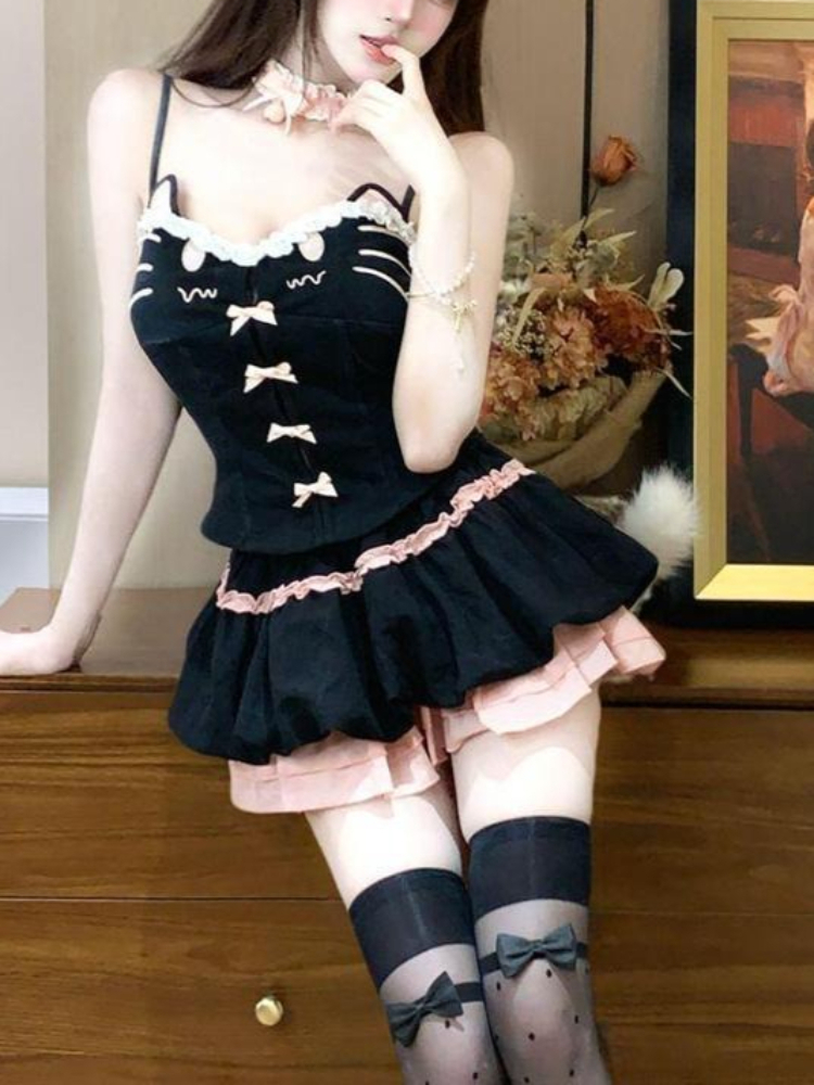 夏のかわいいキュートな漫画猫柄レースボウフリル2点セット レ - Cami Top Lace のレビューと価格